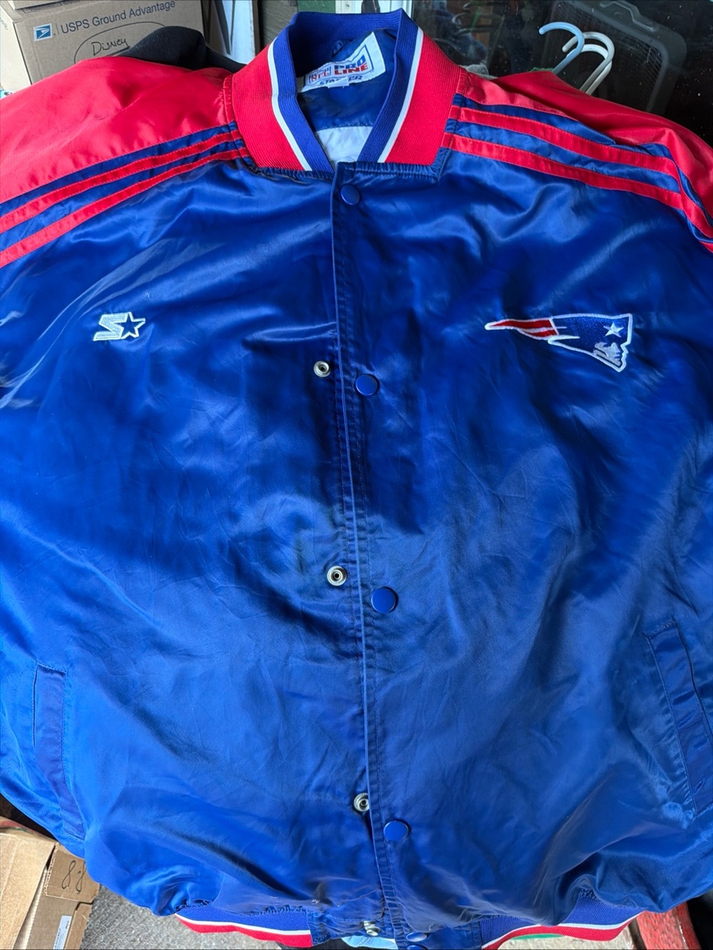 Vintage STARTER Label NEW ENGLAND PATRIOTS Snap Button Down Sz 3XL Winter Jacket